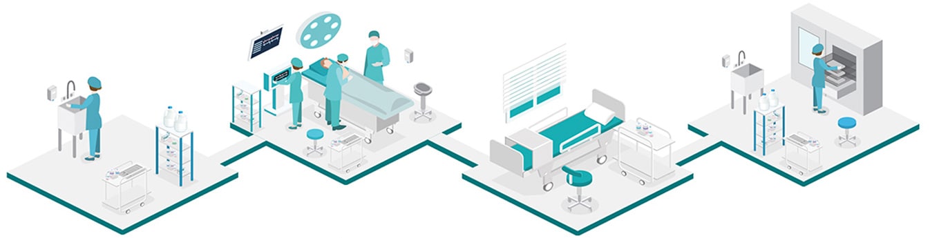 Illustration of healthcare providers caring for patient in hospital and maintaining cleanliness standards.