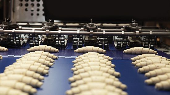 Rows of unbaked croissants moving along a blue conveyor belt in an industrial bakery production line.